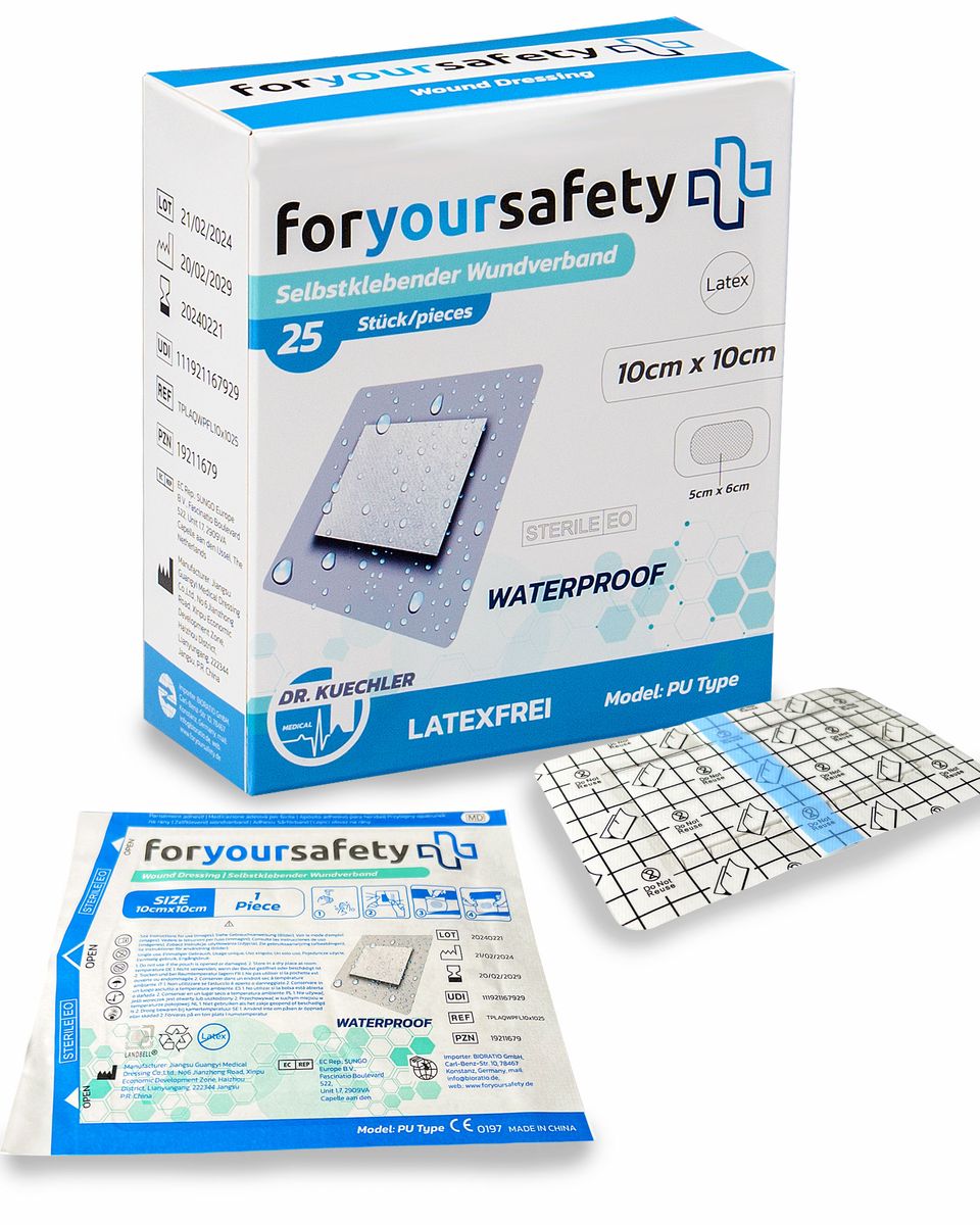 FORYOURSAFETY Wundpflaster wasserfest, Grössen 6x7, 10x10cm, 10x15cm, 10x20cm, sensitiv, Schützen bei Schnittwunden & Kratzern, Pflaster einzeln verpackt