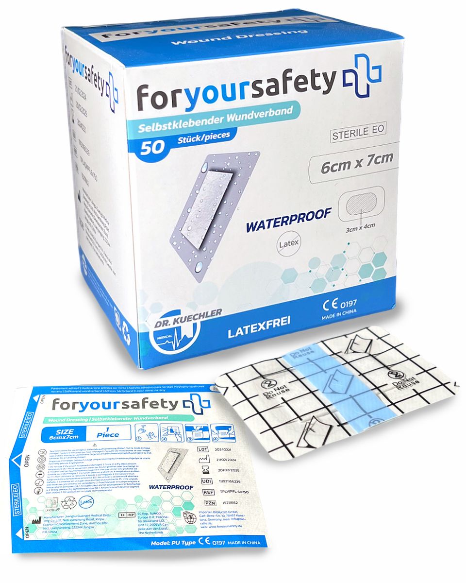 FORYOURSAFETY Wundpflaster wasserfest, Grössen 6x7, 10x10cm, 10x15cm, 10x20cm, sensitiv, Schützen bei Schnittwunden & Kratzern, Pflaster einzeln verpackt